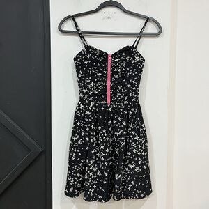 Vintage Y2K Wet Seal Black Butterfly Print Ruffle Dress Front Zipper Size XS